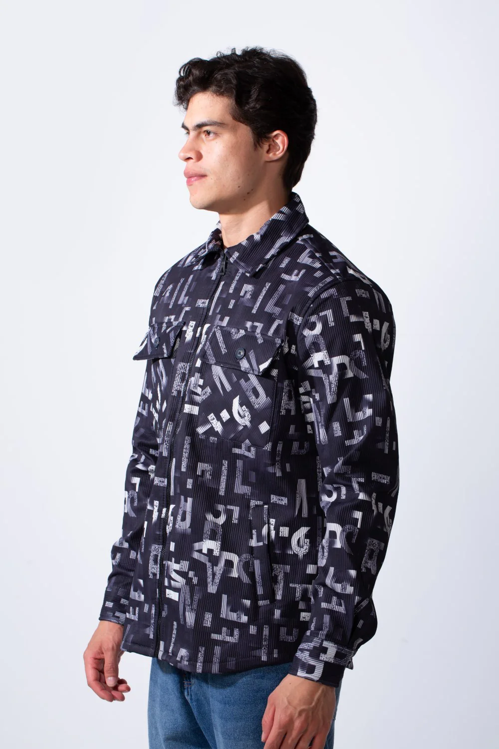 Men's Classic Neck Long Sleeve Printed Textured Fabric Chest Pocket Jakar Shirt - Image 4