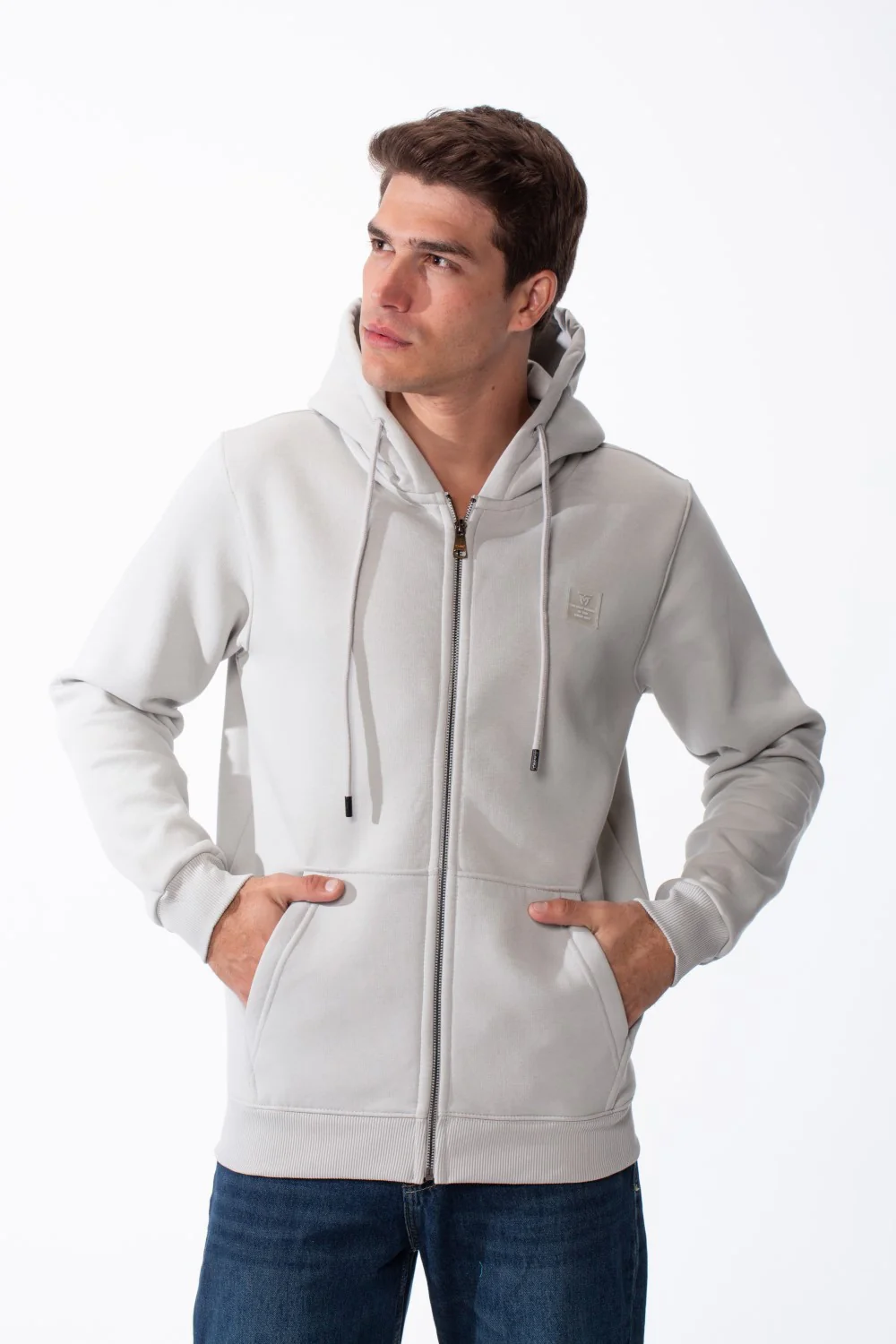 Men's Classic Zip-Up Hooded Neck Chest Logo Print Maximum Comfort Practical Sporty Slim Fit Look Melton Sweatshirt