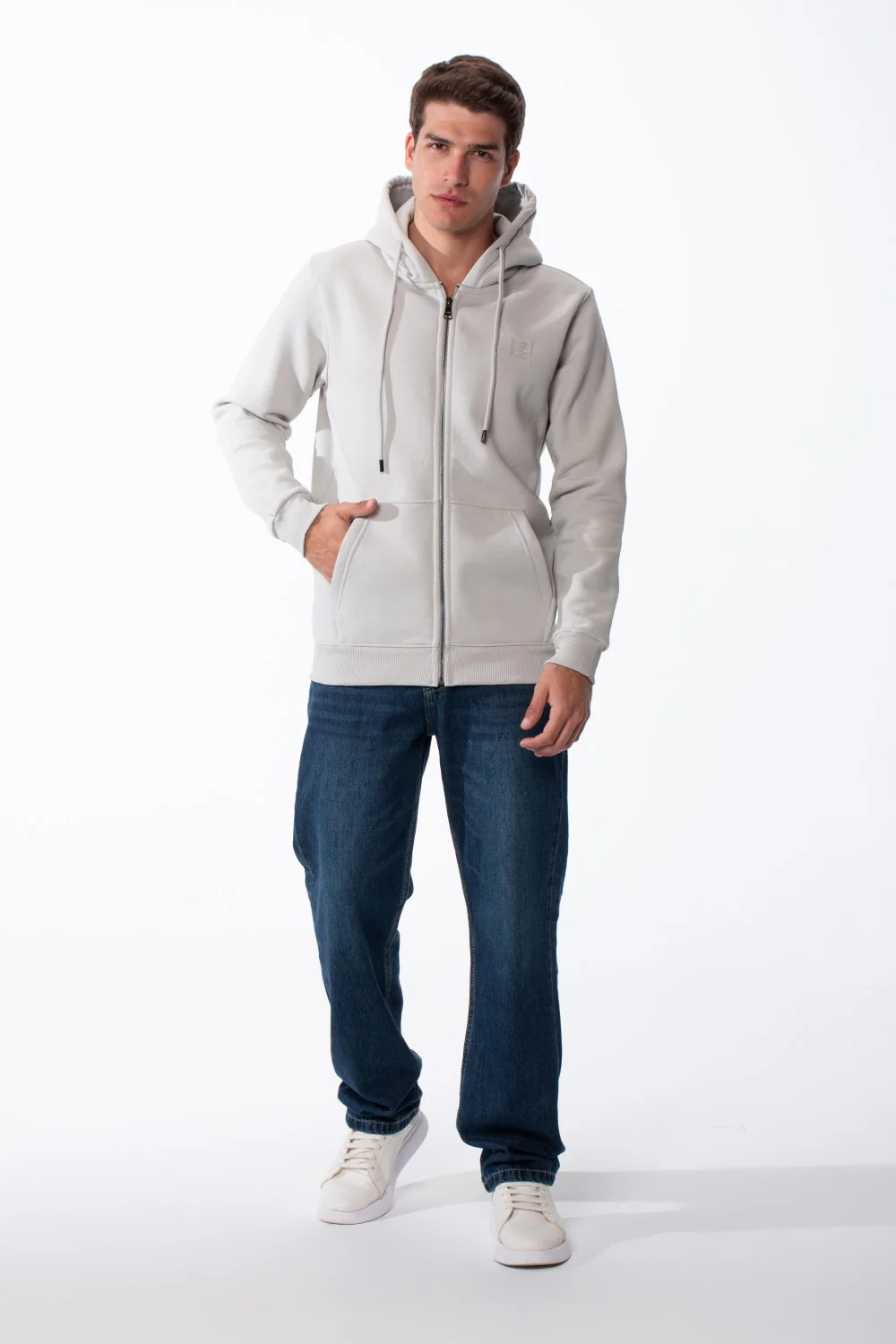Men's Classic Zip-Up Hooded Neck Chest Logo Print Maximum Comfort Practical Sporty Slim Fit Look Melton Sweatshirt - Image 3