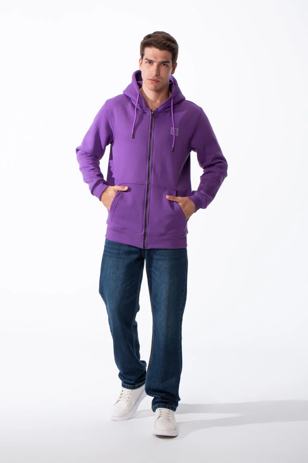 Men's Classic Zip-Up Hooded Neck Chest Logo Print Maximum Comfort Practical Sporty Slim Fit Look Melton Sweatshirt - Image 7