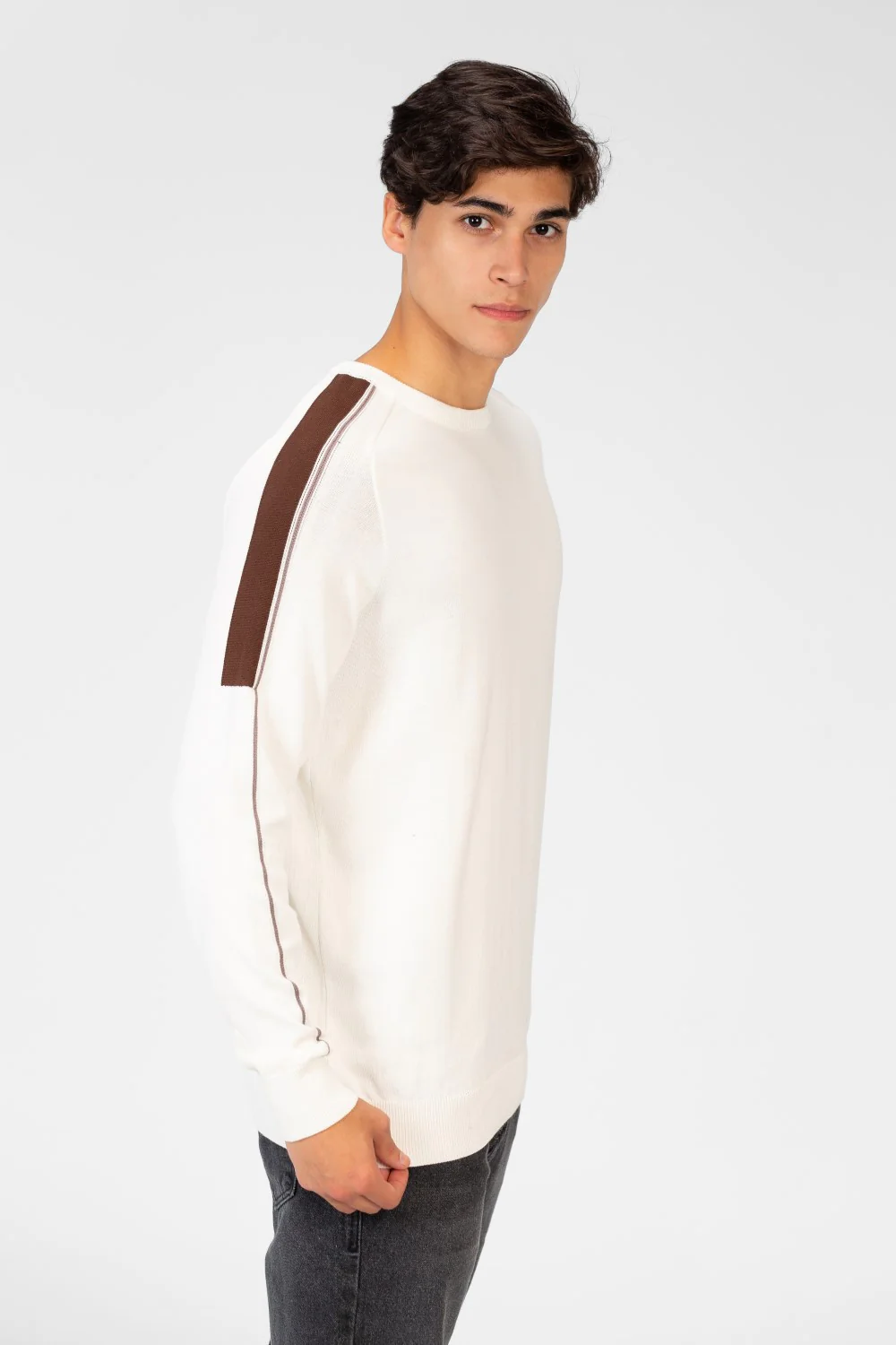 Men's Cotton Round Neck Pullover With Striped Off Shoulder - Image 7