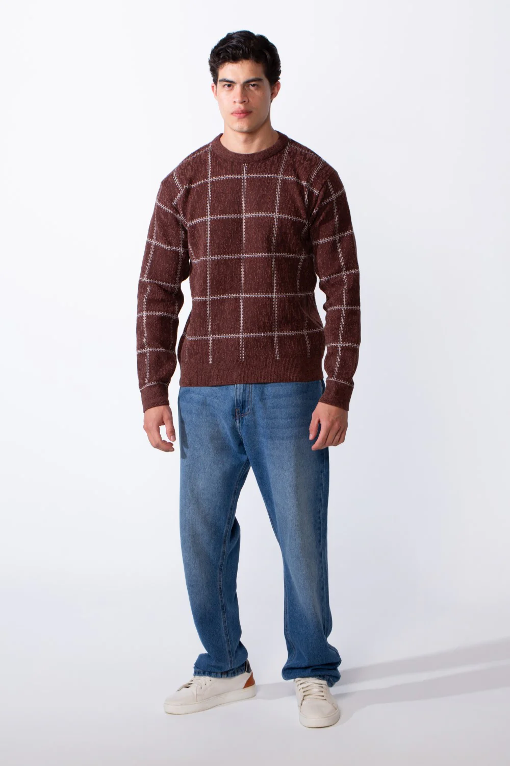 Men's Crew Neck Checkered Knit Pullover Sweater - Image 3