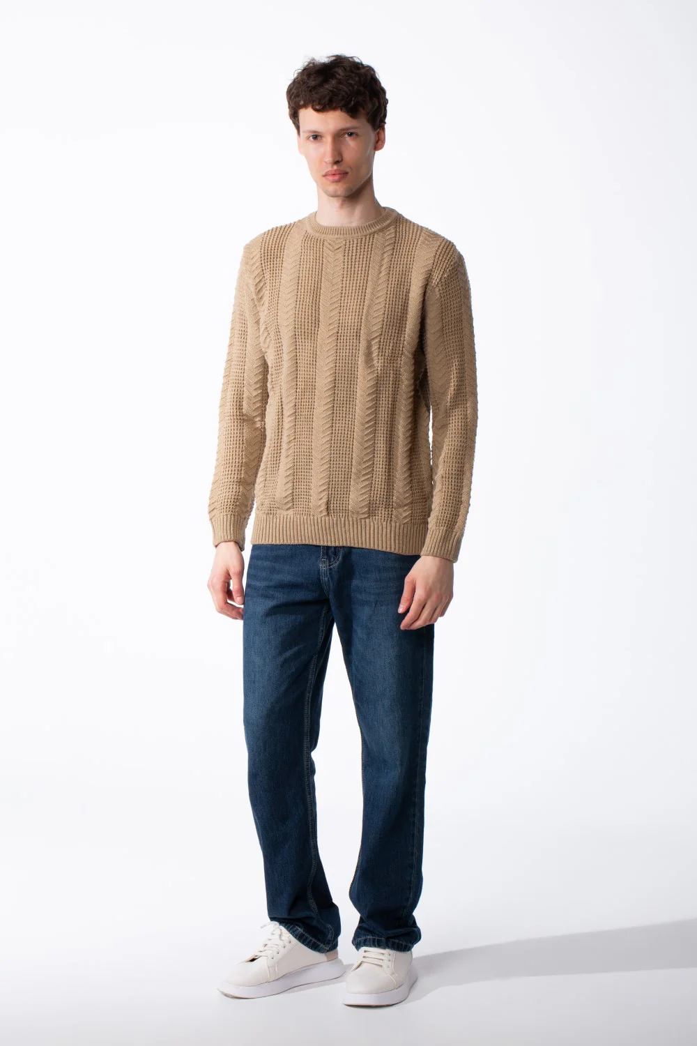 Men's Crew Neck Knitted Fabric Vertical Pattern Of Ribbed Textured Panels Slim Fit Pullover - Image 11