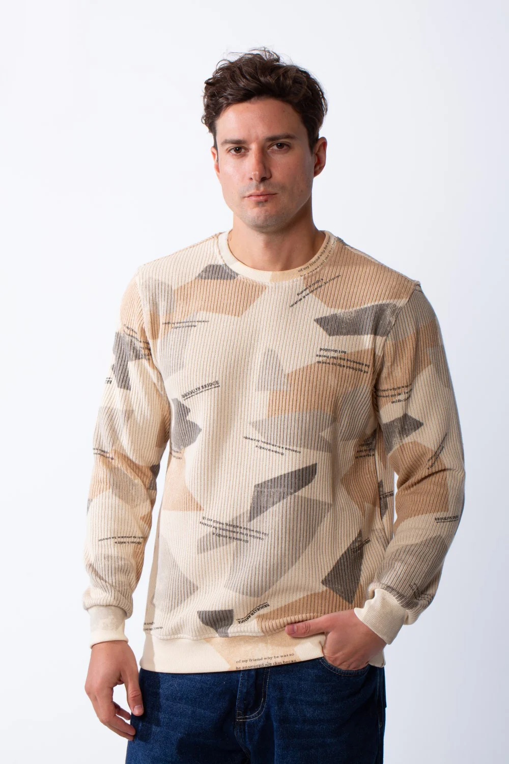 Men's Crew Neck Practical Knit Ribbed Fabric Designed With Unique Abstract Pattern Slim Fit Sweatshirt