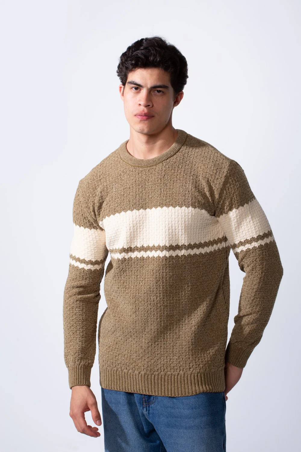Men's Crew Neck Slim Fit Two-Tone Striped Knit Pullover - Image 5