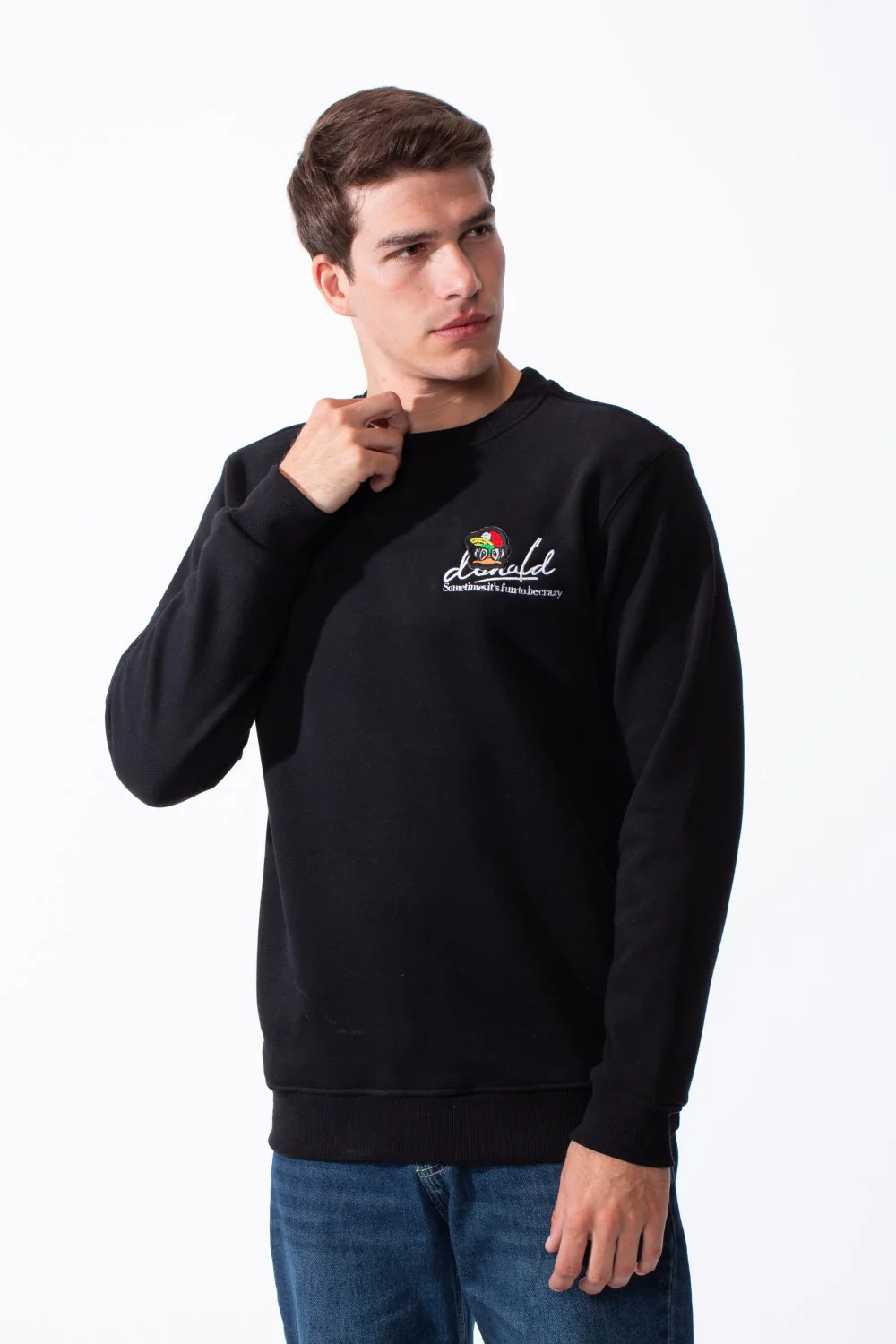 Men's Crewneck Sweatshirt With Playful Pack Embroidery Long Sleeves Slim Fit Everyday Wear Sweatshirt