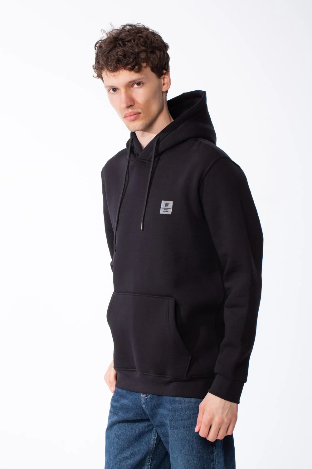 Men's Cross Over Hood Branded Silicone Patch Kangaroo Pocket Set-In Sleeves Slim Fit Melton Sweatshirt - Image 4