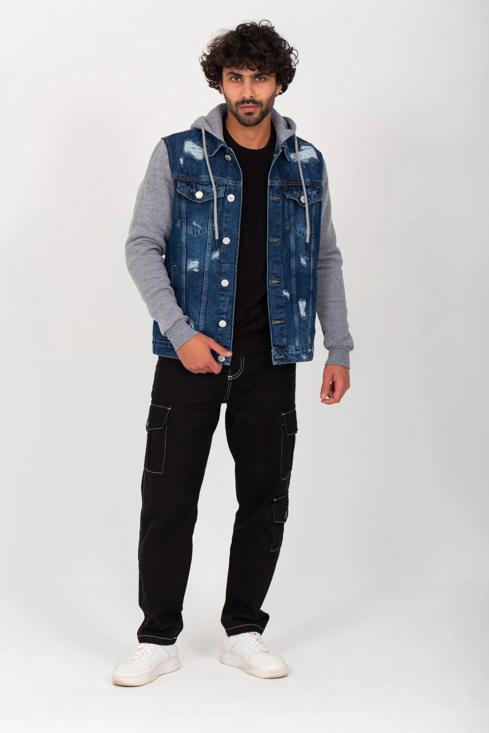 Men's Denim Melton Hooded Cutting Details Casual Slim Fit Jackets With Melton Sleeves - Image 10