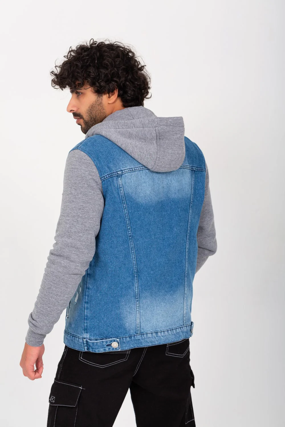 Men's Denim Melton Hooded Cutting Details Casual Slim Fit Jackets With Melton Sleeves - Image 2