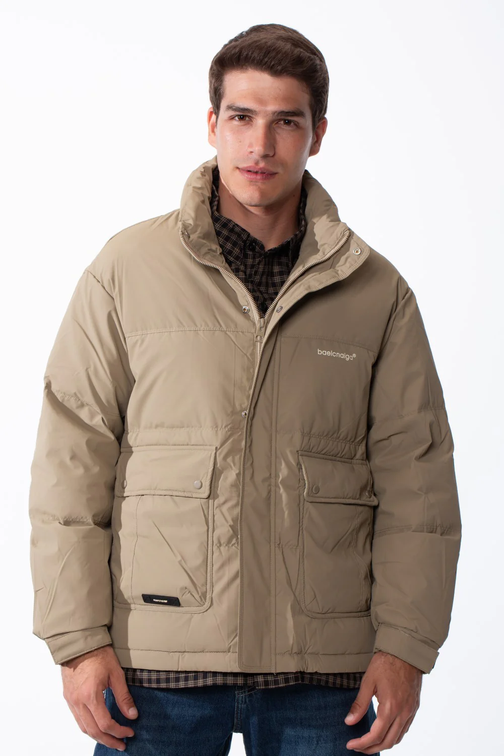Men's Double Layers High Neck Full Front Zipper With Button Flap Large Pockets Waterproof Jacket - Image 13