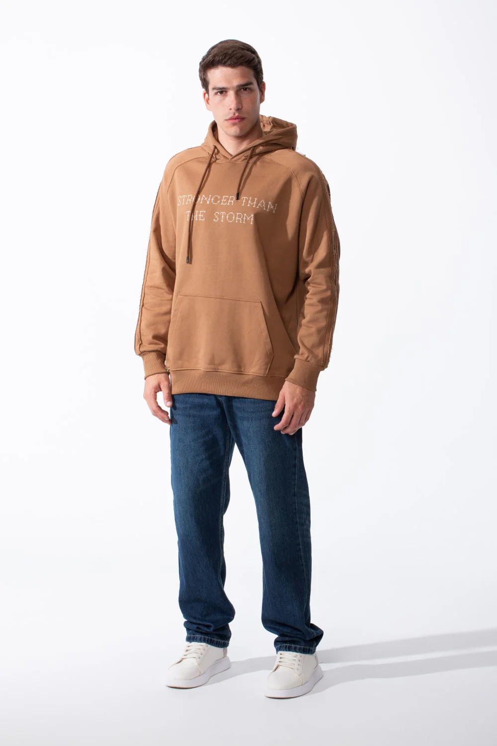 Men's Drawstring Hood Large Kangaroo Pocket With Bold Print Unique Distressed Seam Details Along Arms Regular Fit Melton Sweatshirt - Image 11