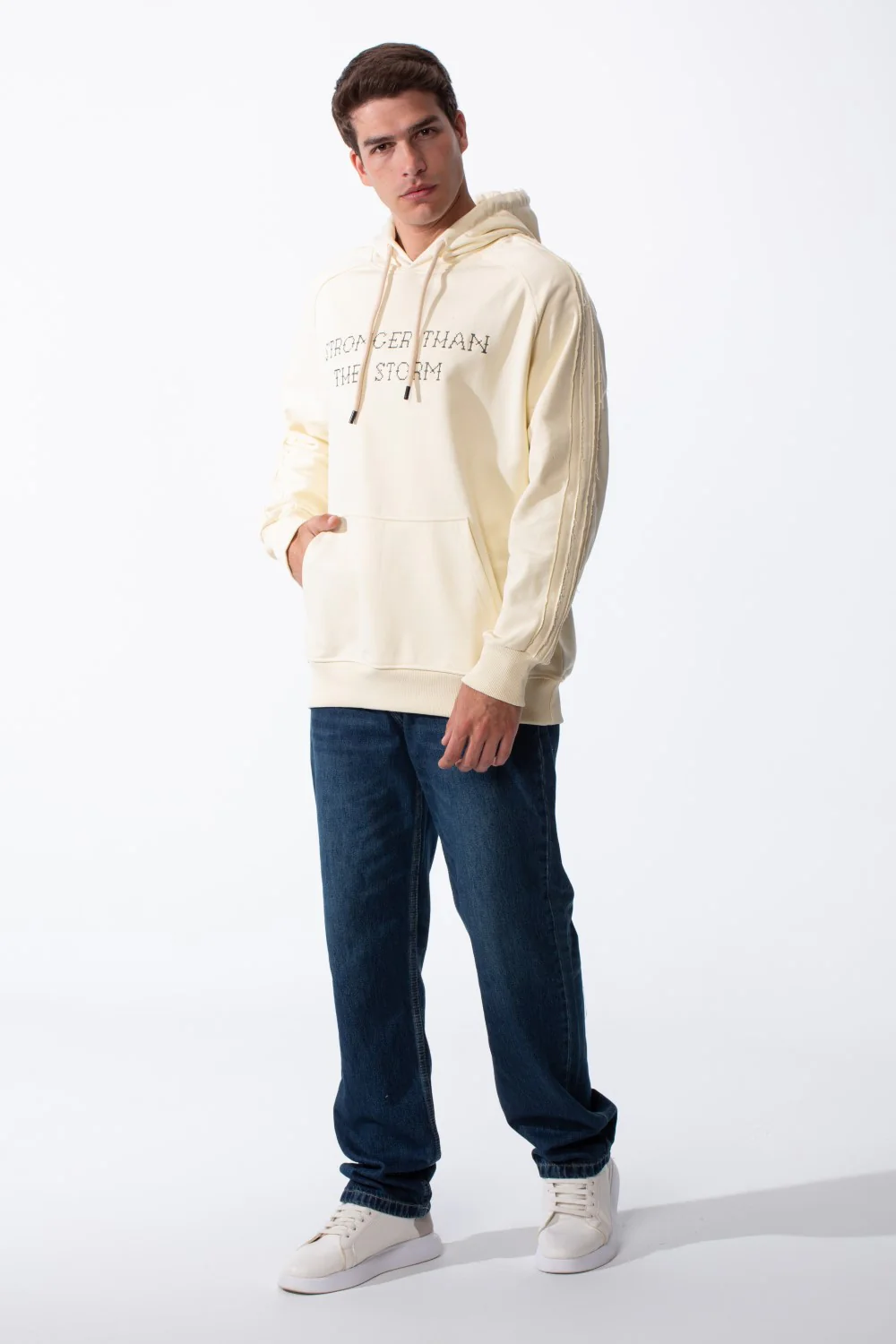 Men's Drawstring Hood Large Kangaroo Pocket With Bold Print Unique Distressed Seam Details Along Arms Regular Fit Melton Sweatshirt - Image 3