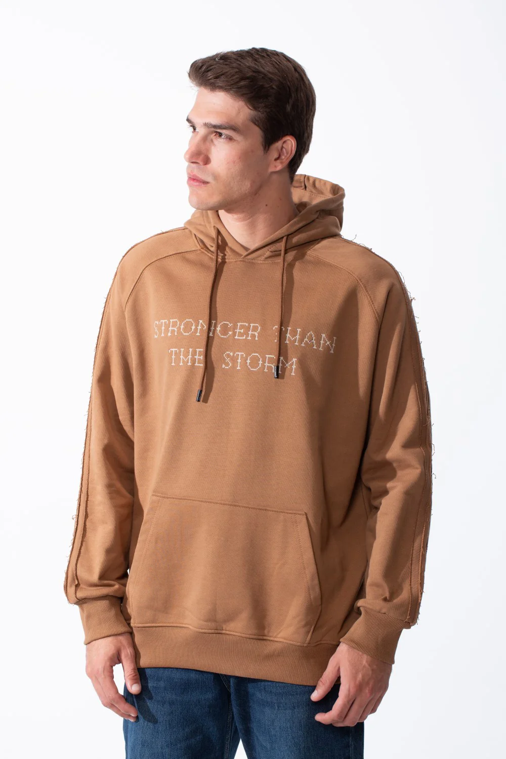 Men's Drawstring Hood Large Kangaroo Pocket With Bold Print Unique Distressed Seam Details Along Arms Regular Fit Melton Sweatshirt - Image 9