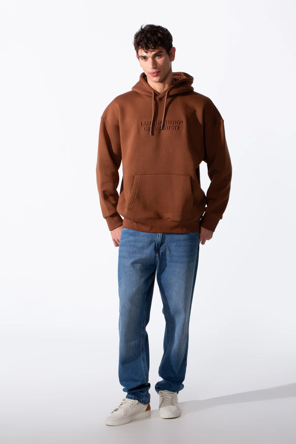 Men's Embossed Print Melton Oversize Kangaroo Pocket Hood Sweatshirt - Image 4