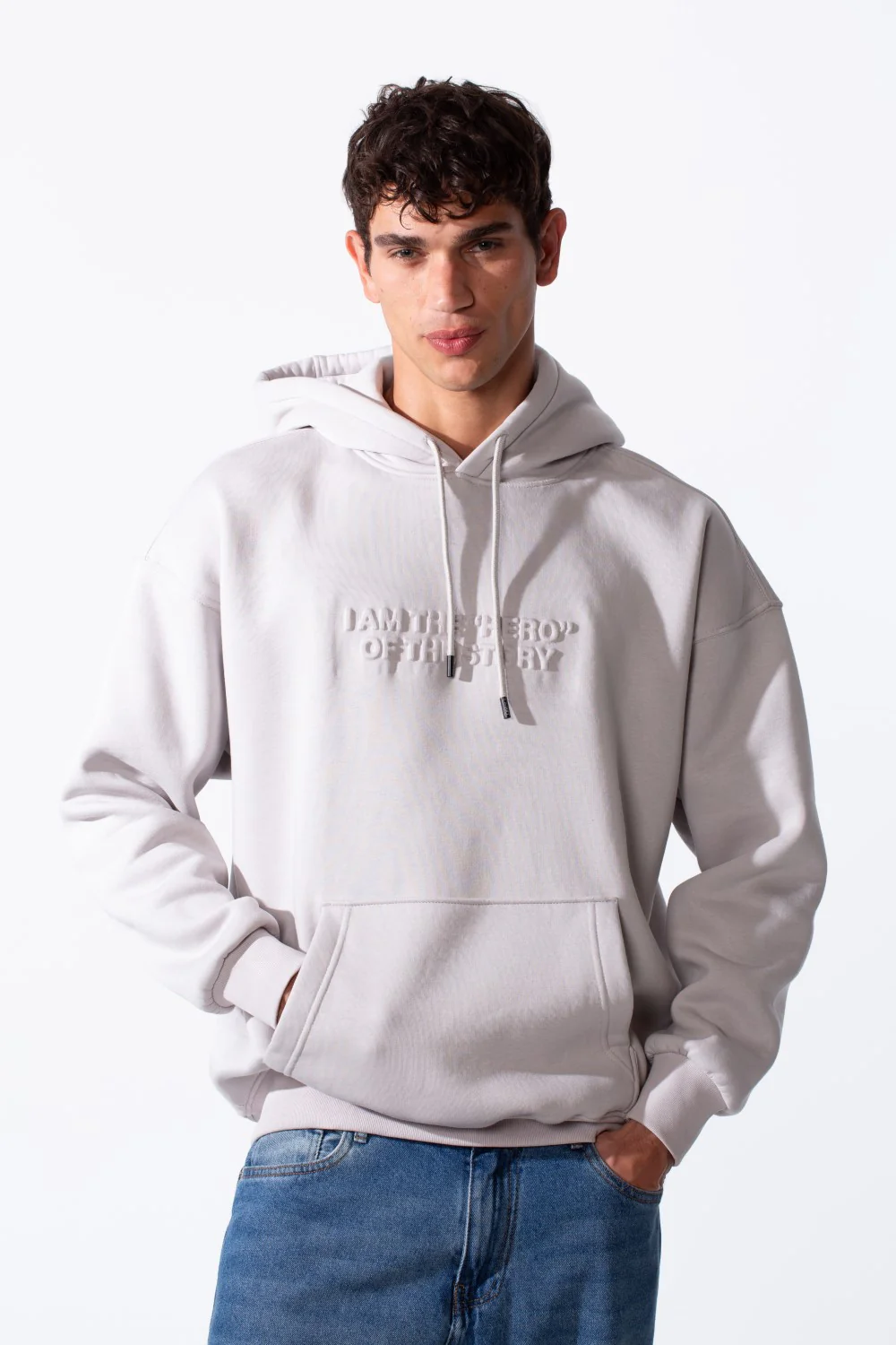 Men's Embossed Print Melton Oversize Kangaroo Pocket Hood Sweatshirt - Image 5