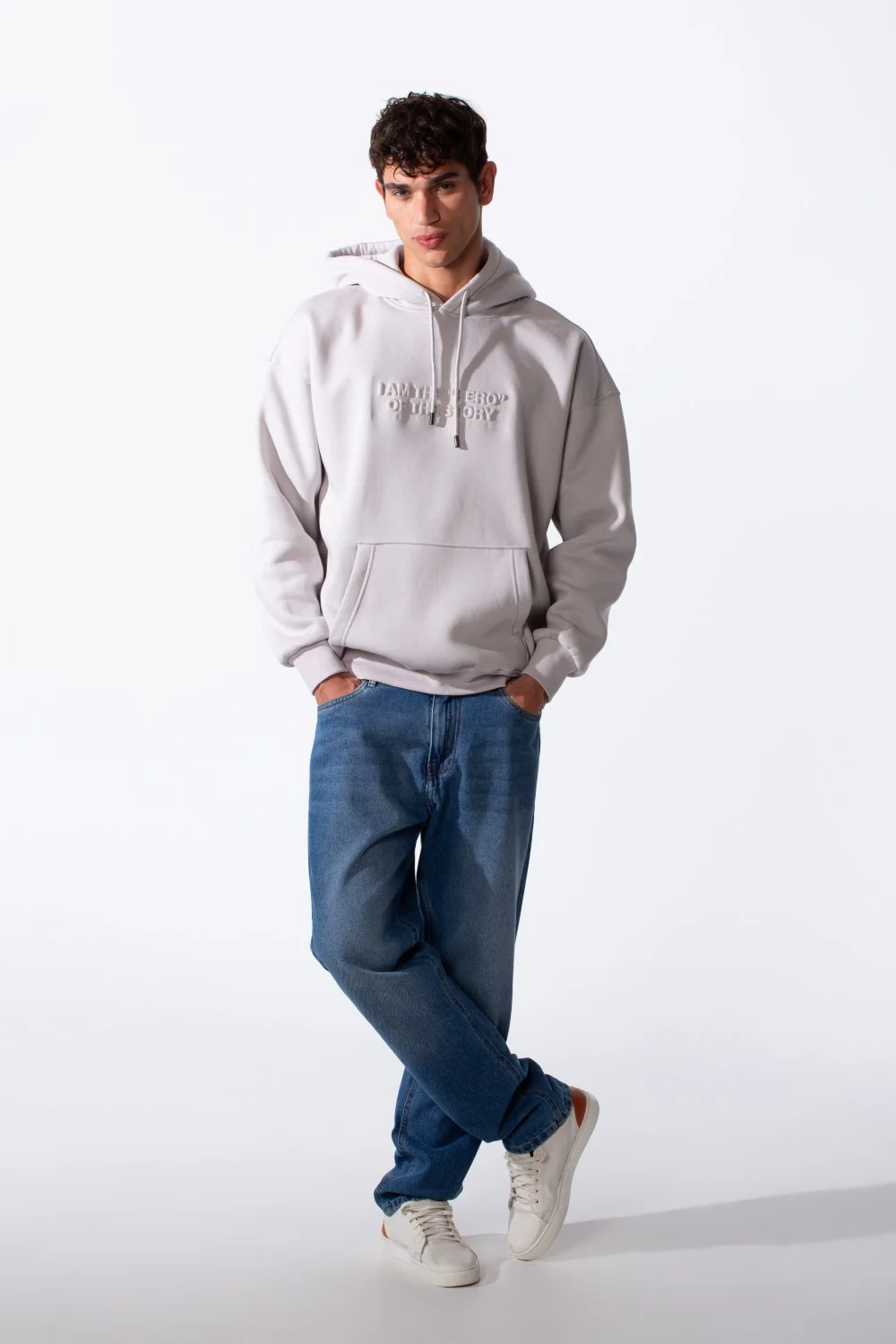 Men's Embossed Print Melton Oversize Kangaroo Pocket Hood Sweatshirt - Image 7