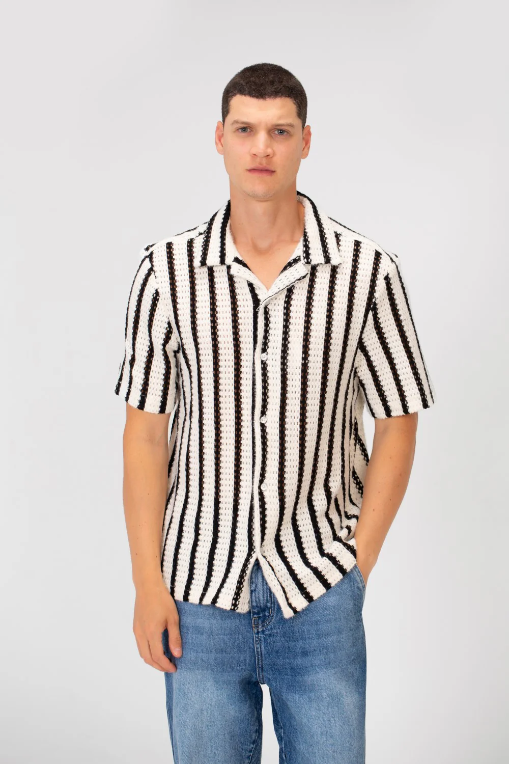 Men's Half Sleeve Striped Slim Fit Collar Mesh Shirt High Quality Material