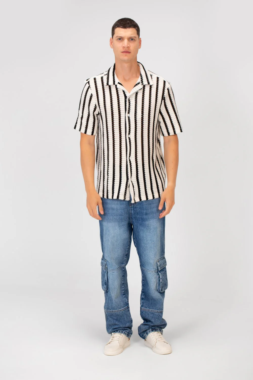Men's Half Sleeve Striped Slim Fit Collar Mesh Shirt High Quality Material - Image 4