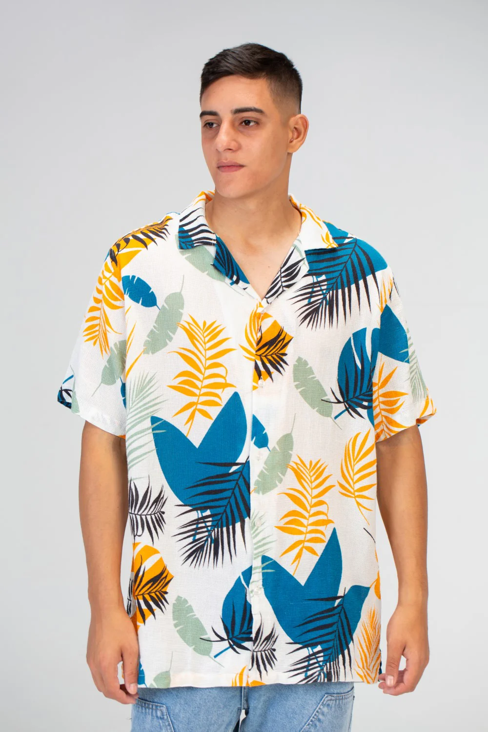 Mens Half Sleeved Jakar Shirt With Front Buttons And Summer Print In White - Image 3