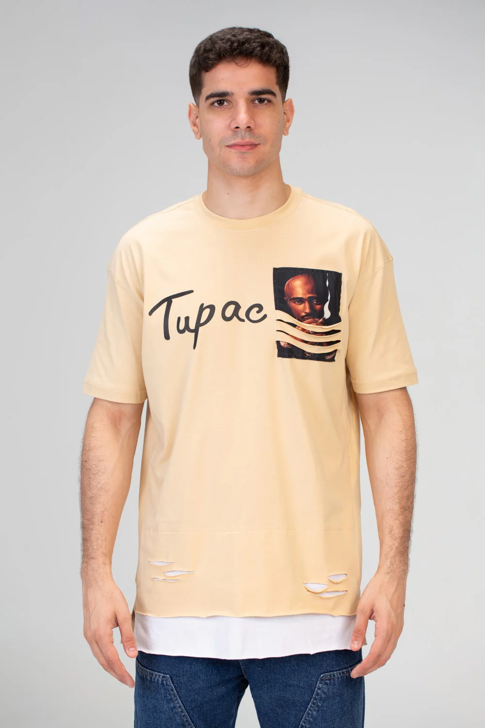Mens Half Sleeved Over Sized Cutting T-shirt With A Round Collar And Front Print