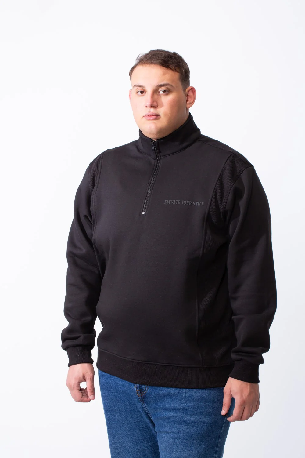 Men's Half Zip Big Size Back And Chest Text Print Melton Two Side Strip Sweatshirt - Image 5