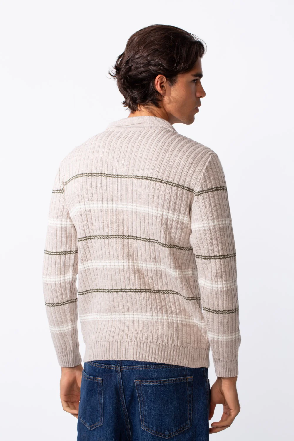 Men's Half Zipper Polo Neck Striped Slim Fit Pullover - Image 2