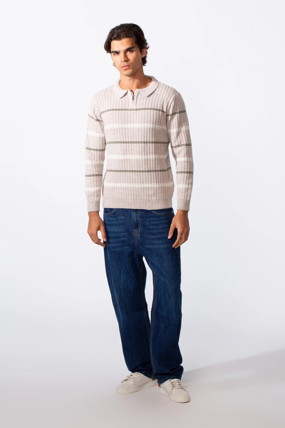 Men's Half Zipper Polo Neck Striped Slim Fit Pullover - Image 3