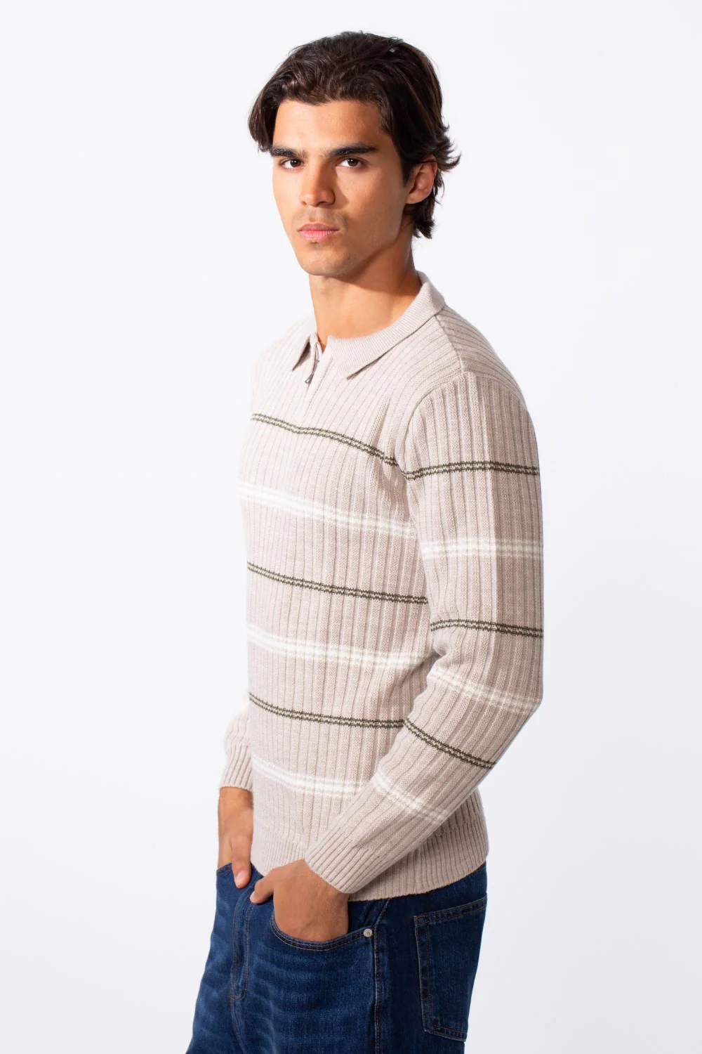 Men's Half Zipper Polo Neck Striped Slim Fit Pullover - Image 4