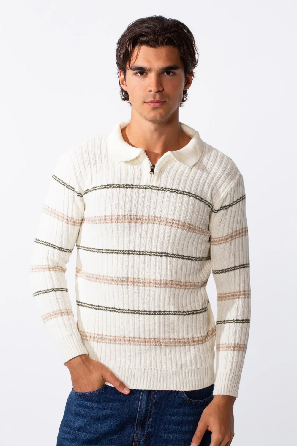 Men's Half Zipper Polo Neck Striped Slim Fit Pullover - Image 5