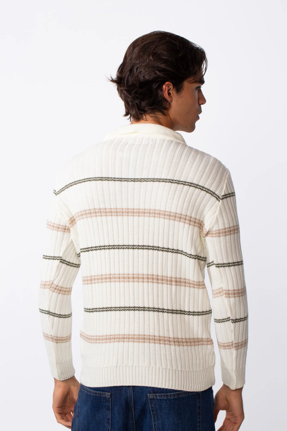 Men's Half Zipper Polo Neck Striped Slim Fit Pullover - Image 6