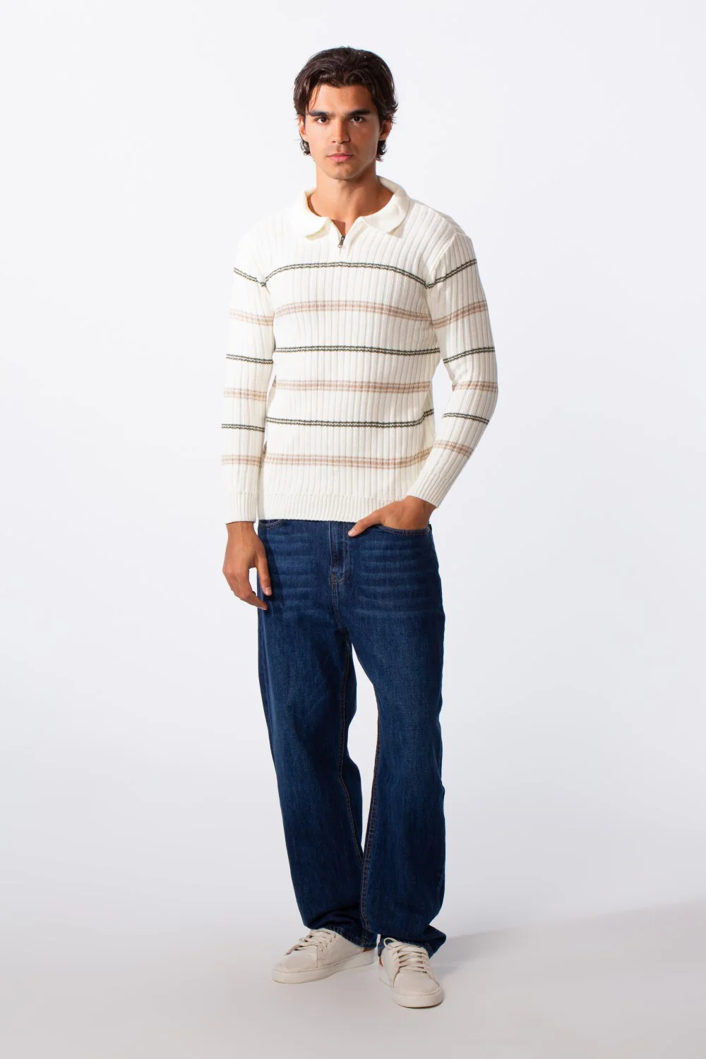 Men's Half Zipper Polo Neck Striped Slim Fit Pullover - Image 7