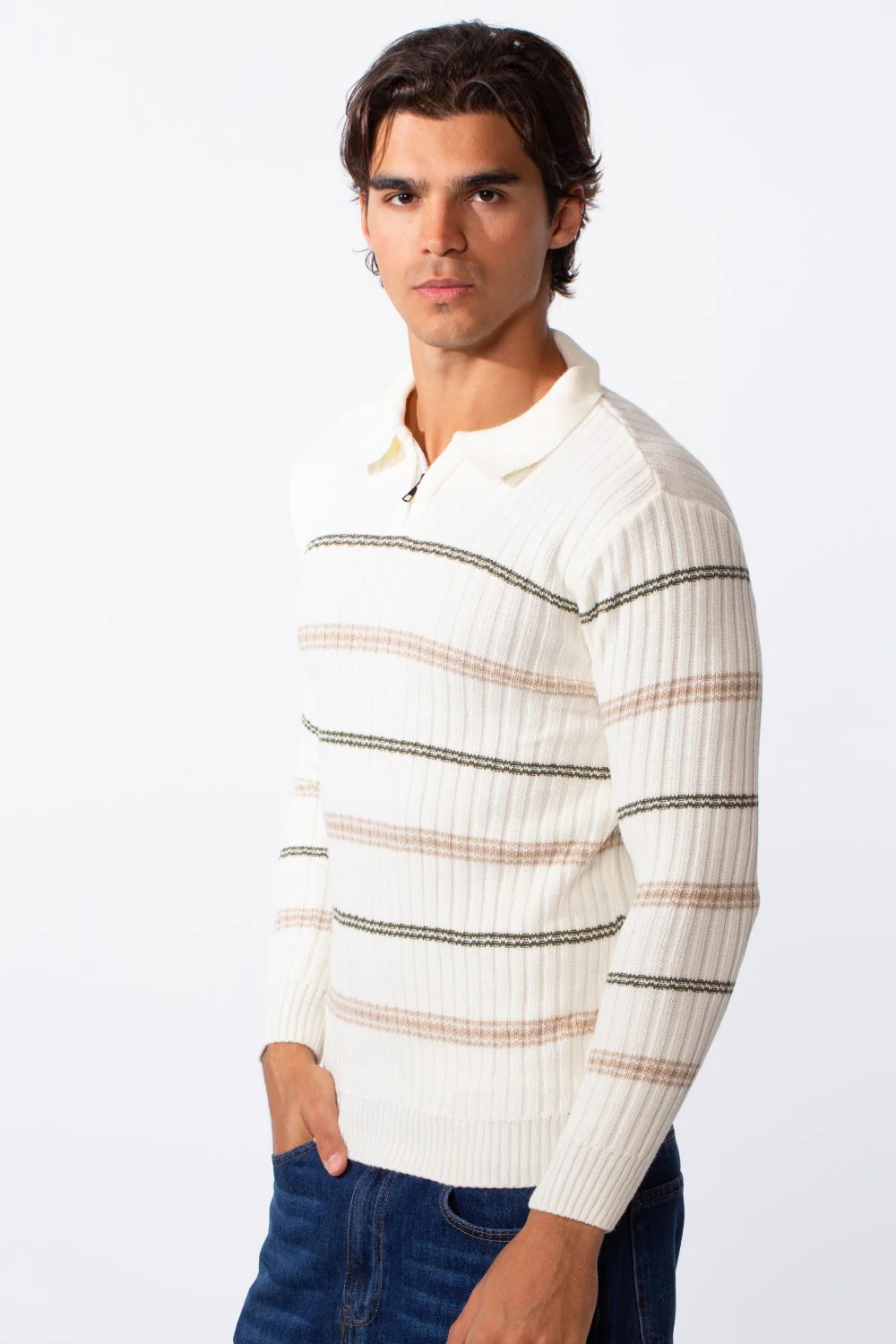 Men's Half Zipper Polo Neck Striped Slim Fit Pullover - Image 8