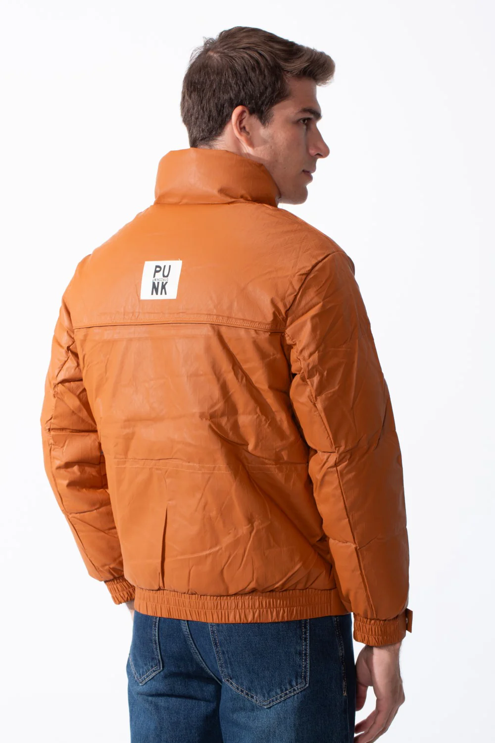 Men's High Collar Zip-Up Zipper Pockets Crinkle Texture Waterproof Fabric Thermal Modern Jacket - Image 10