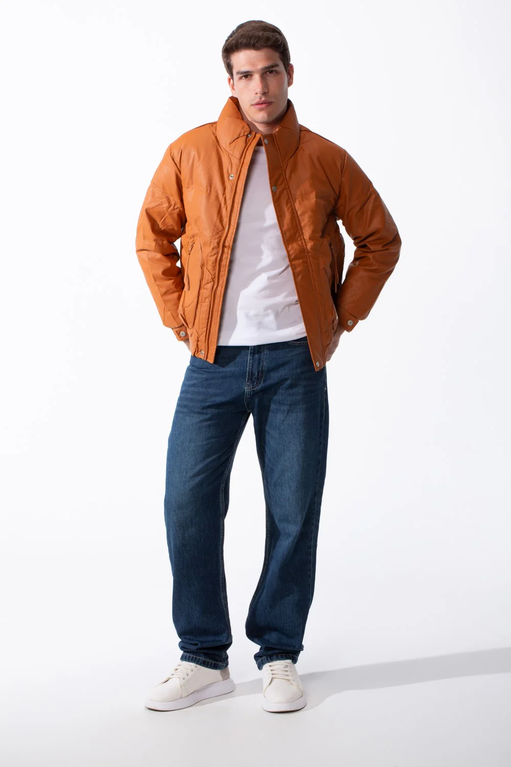 Men's High Collar Zip-Up Zipper Pockets Crinkle Texture Waterproof Fabric Thermal Modern Jacket - Image 11
