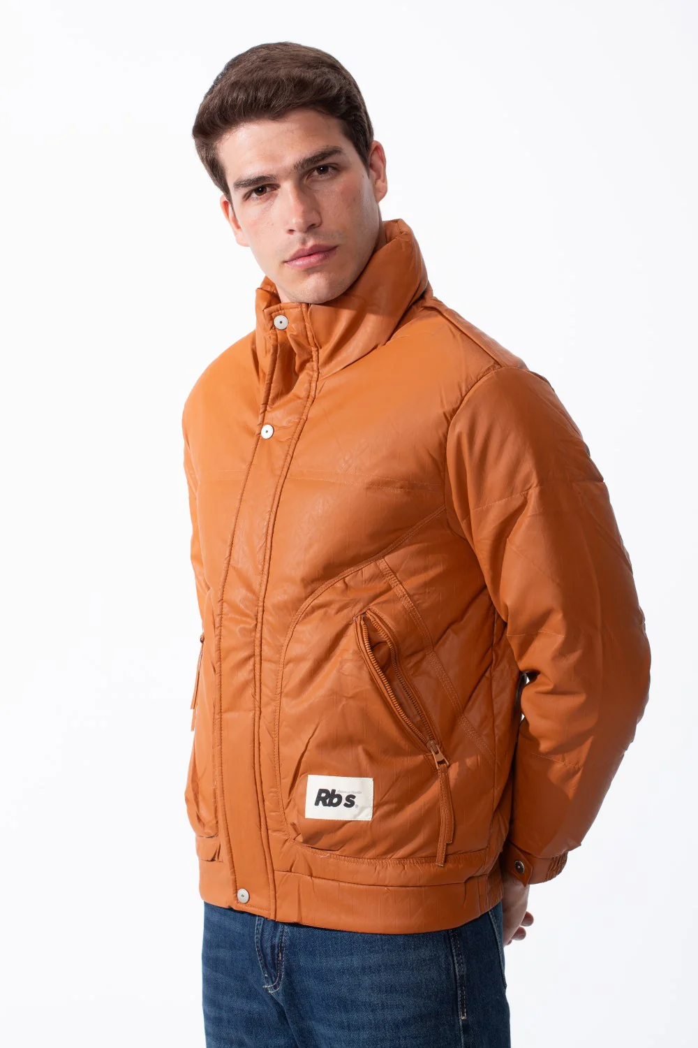 Men's High Collar Zip-Up Zipper Pockets Crinkle Texture Waterproof Fabric Thermal Modern Jacket - Image 12