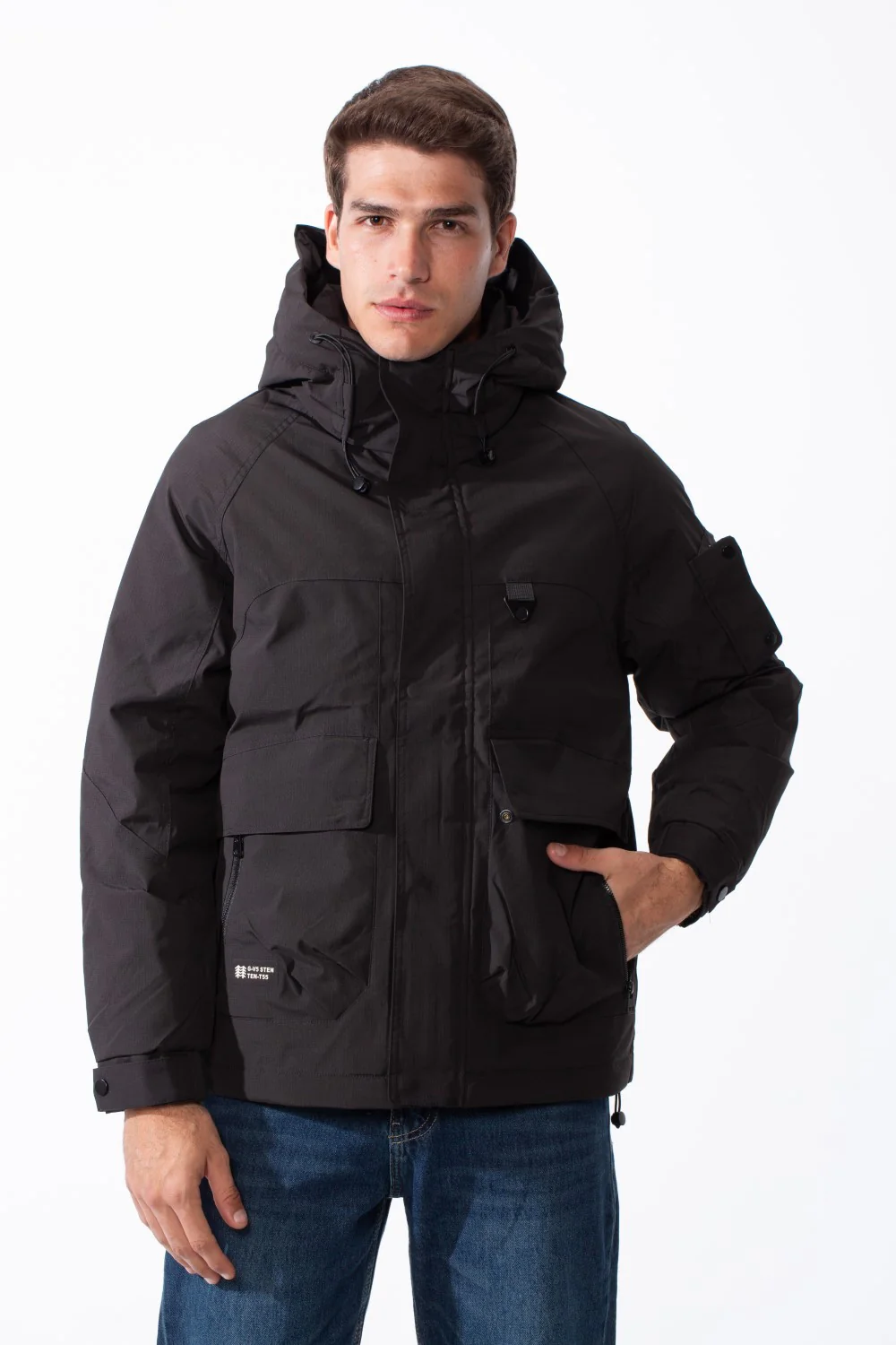 Men's High-Neck Design Front Cargo Pockets Raglan Sleeves Hidden Front Zipper Velcro Cuffs Waterproof Jacket