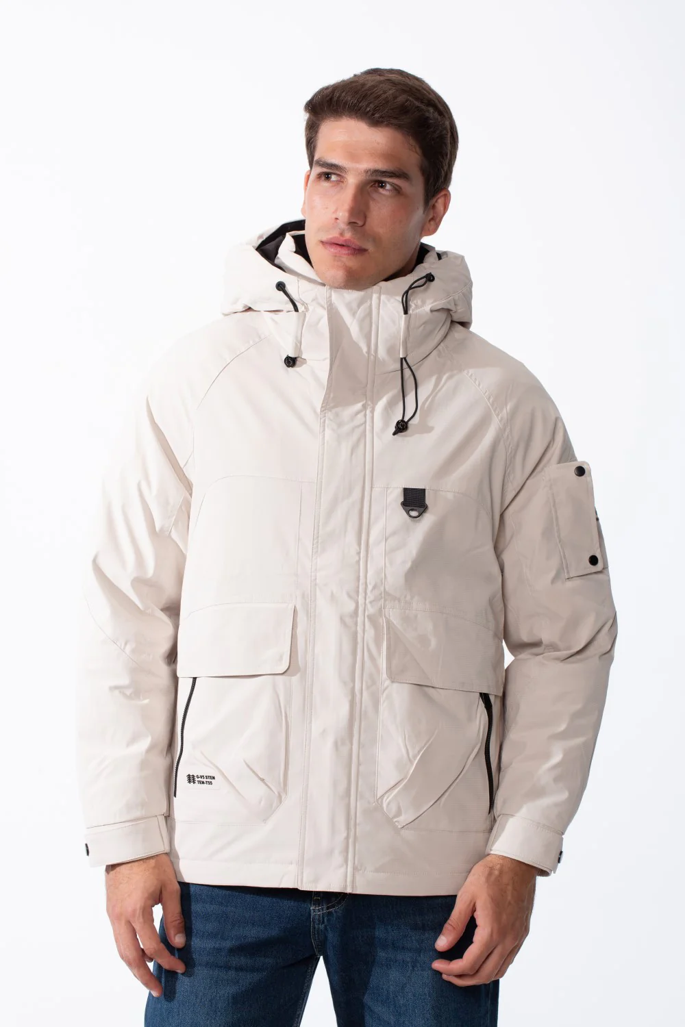Men's High-Neck Design Front Cargo Pockets Raglan Sleeves Hidden Front Zipper Velcro Cuffs Waterproof Jacket - Image 5