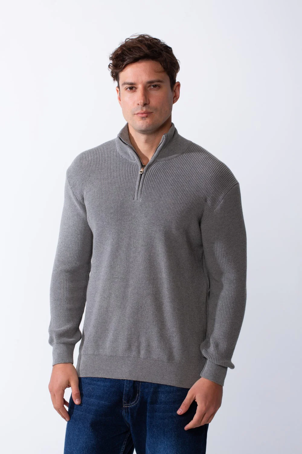 Men's High Neck Half Zip Long Sleeves With Textured Ribbed Knit Fabric Practical Slim Fit Pullover