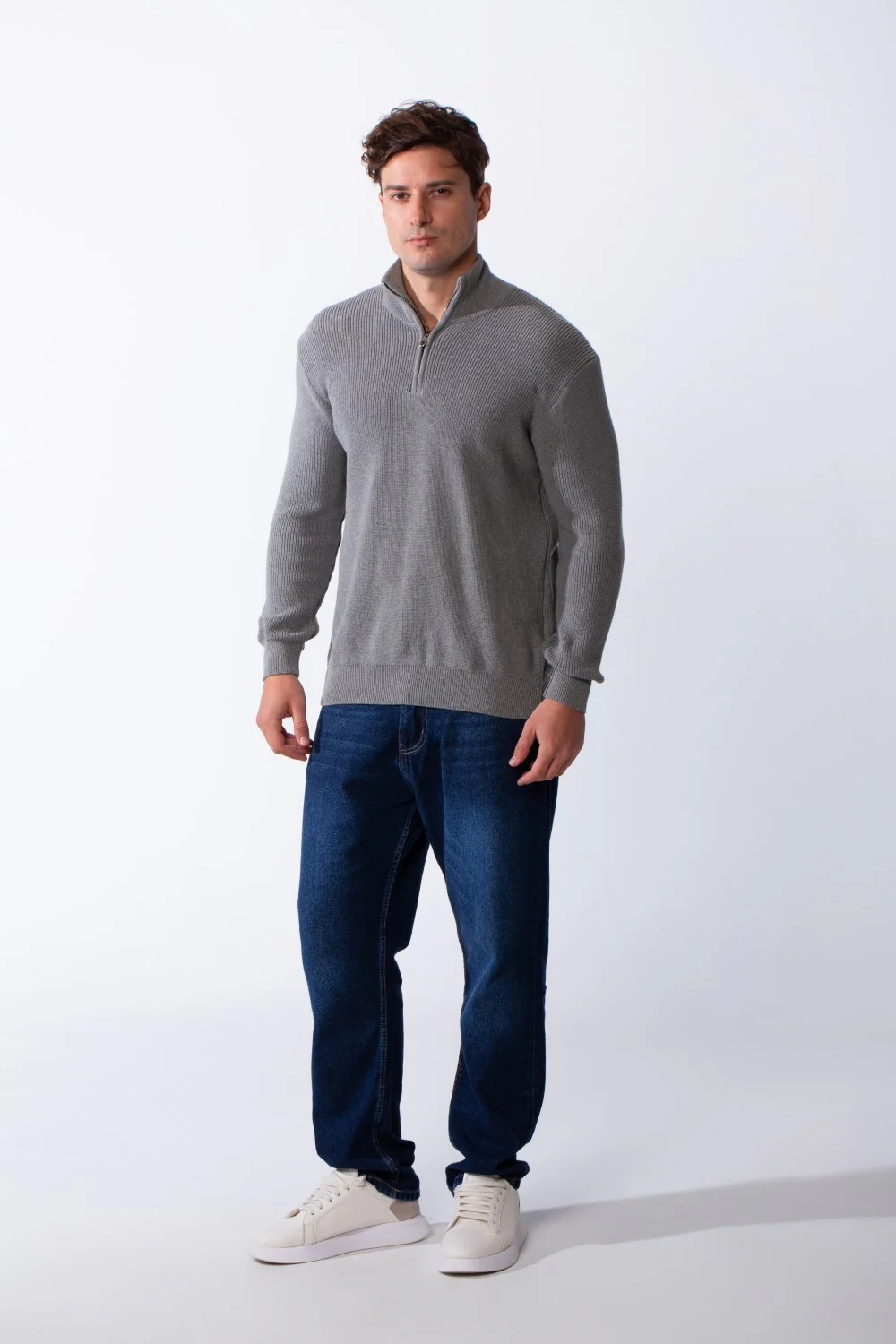 Men's High Neck Half Zip Long Sleeves With Textured Ribbed Knit Fabric Practical Slim Fit Pullover - Image 3
