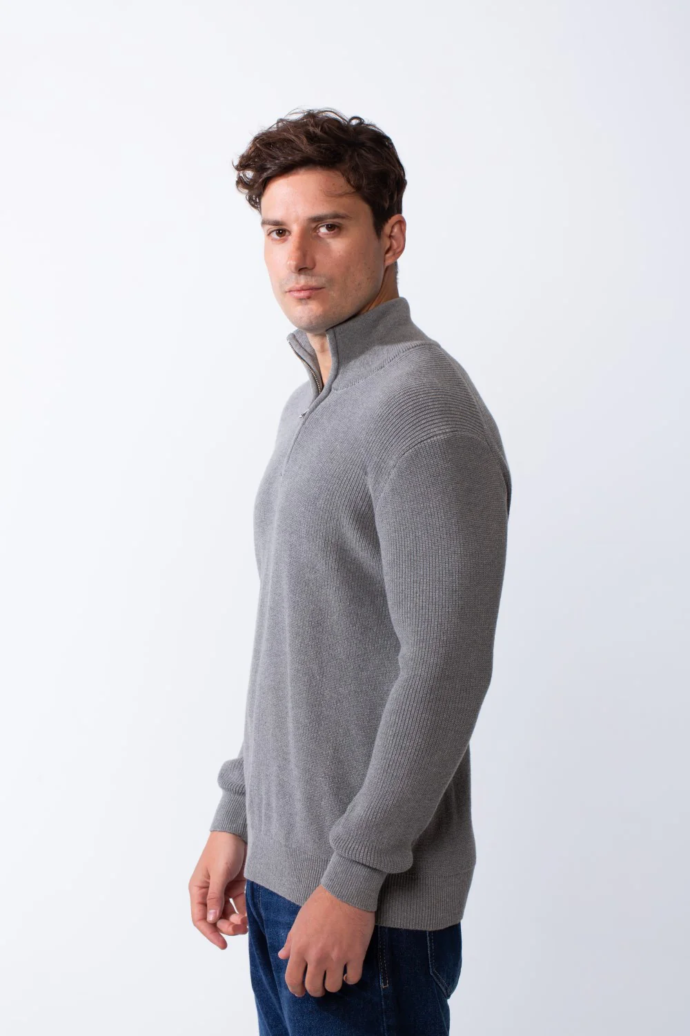 Men's High Neck Half Zip Long Sleeves With Textured Ribbed Knit Fabric Practical Slim Fit Pullover - Image 4