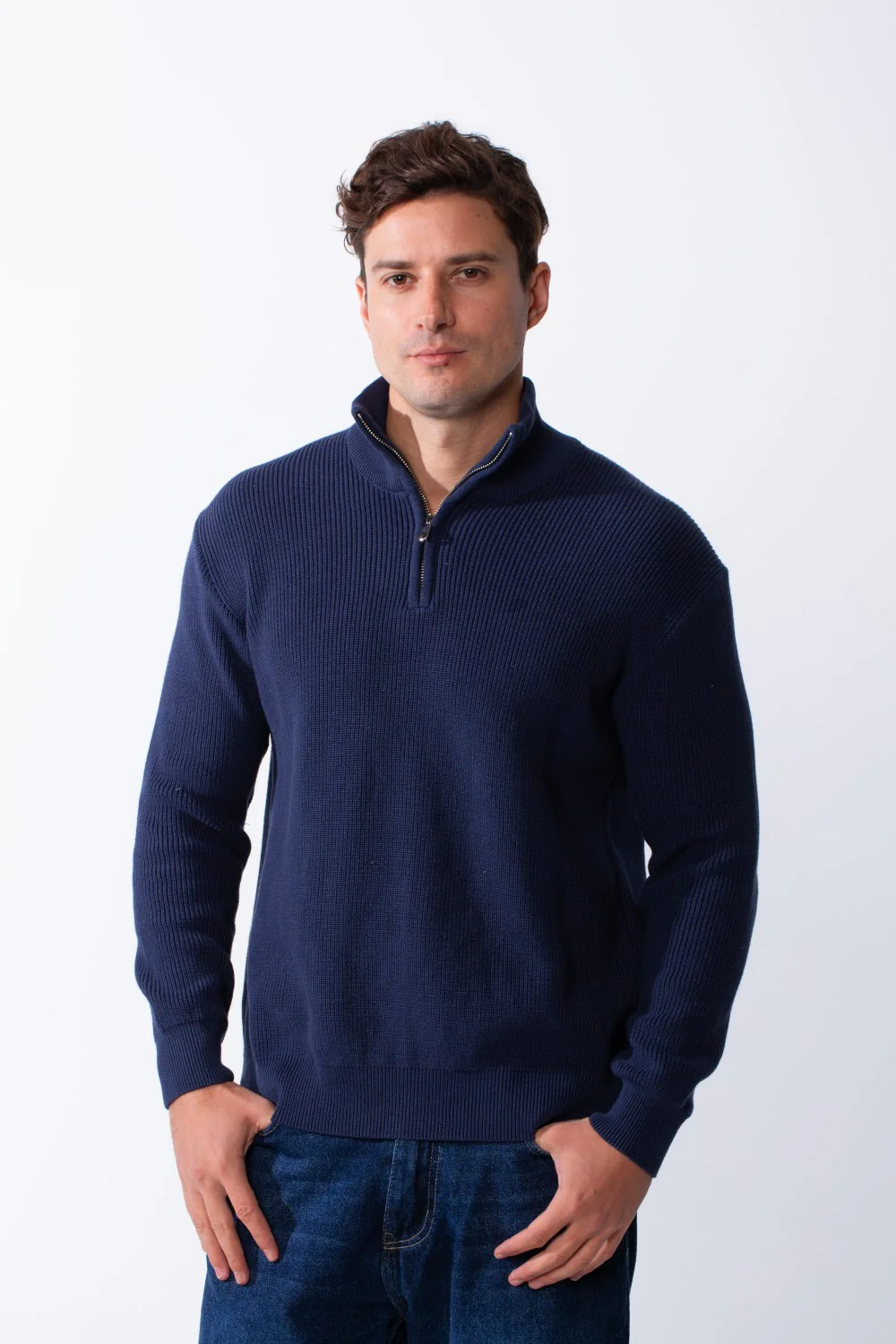 Men's High Neck Half Zip Long Sleeves With Textured Ribbed Knit Fabric Practical Slim Fit Pullover - Image 5