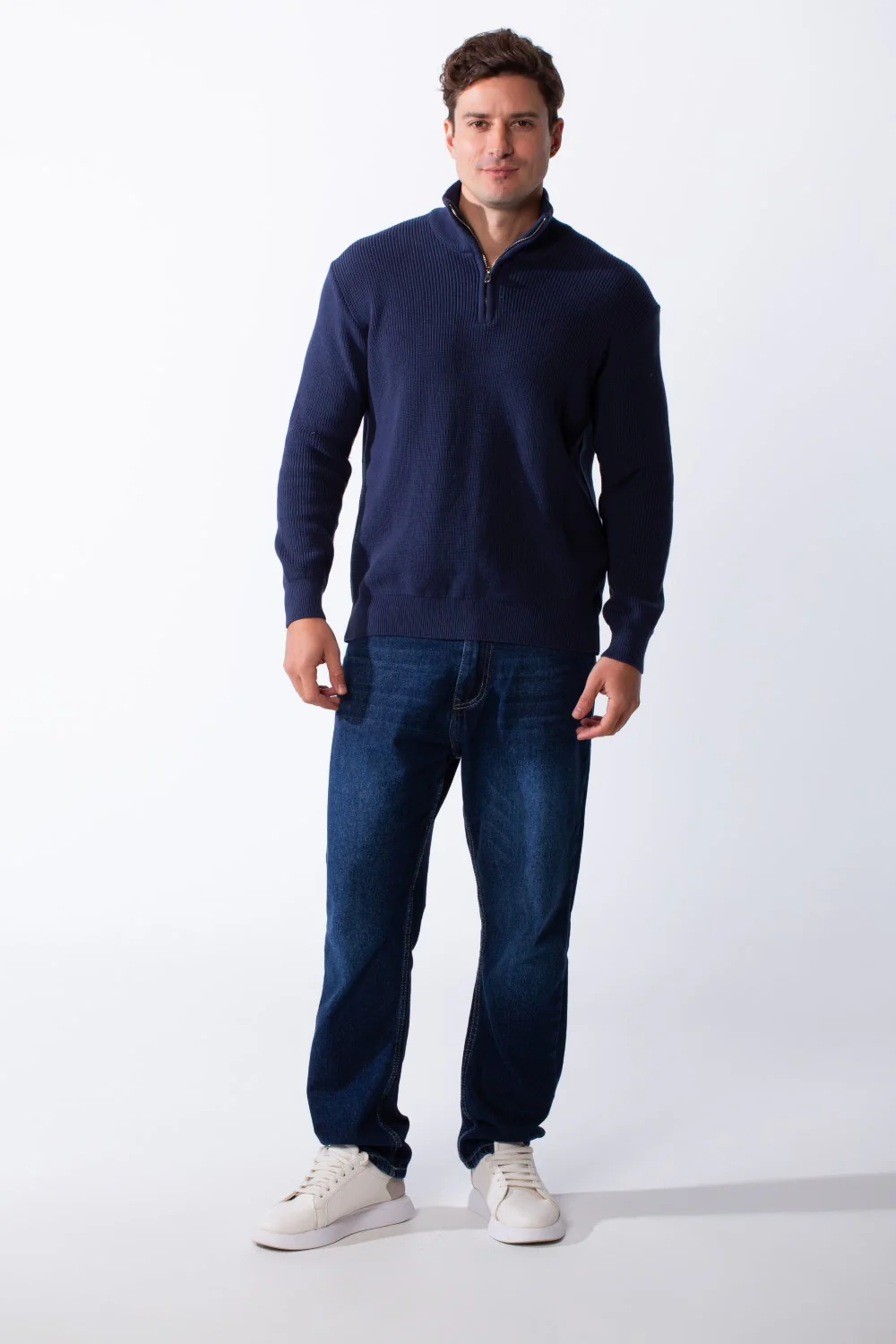 Men's High Neck Half Zip Long Sleeves With Textured Ribbed Knit Fabric Practical Slim Fit Pullover - Image 7