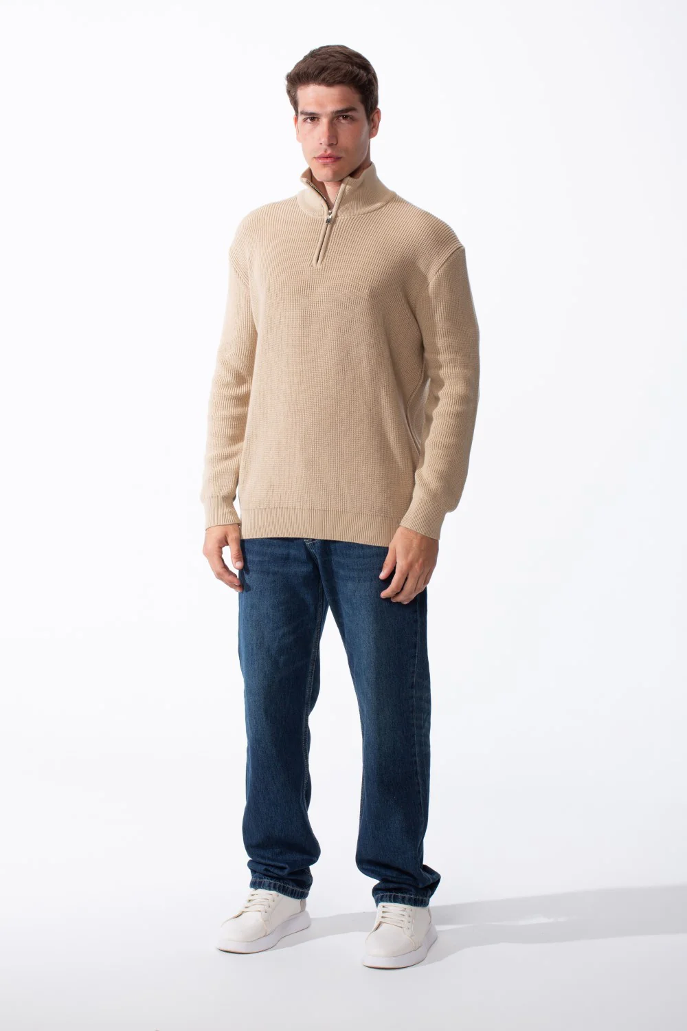Men's High Neck Half Zip Long Sleeves With Textured Ribbed Knit Fabric Practical Slim Fit Pullover - Image 9