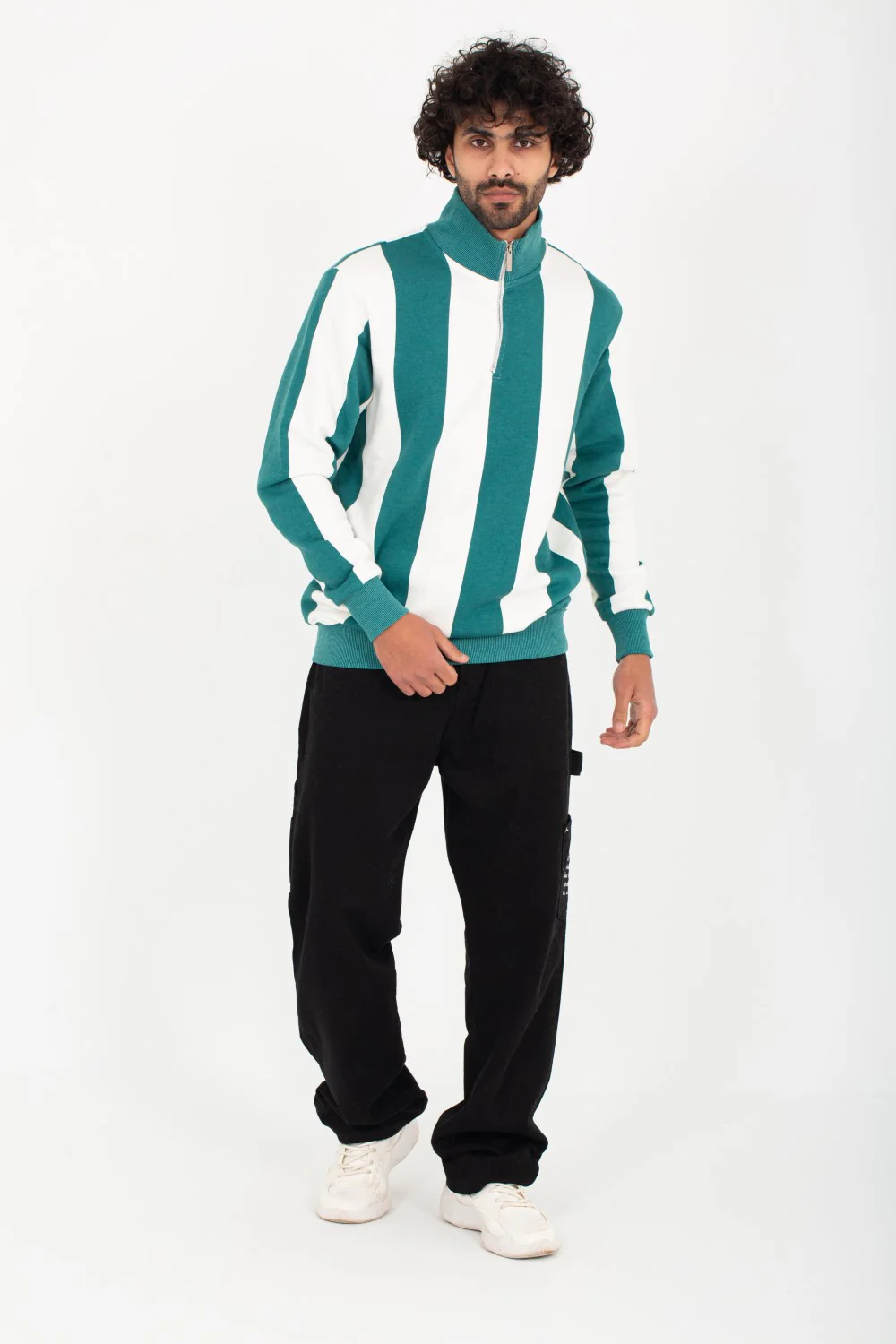 Men's High Neck Padded With Unqiue Modern Half Zipper Striped Sweatshirt