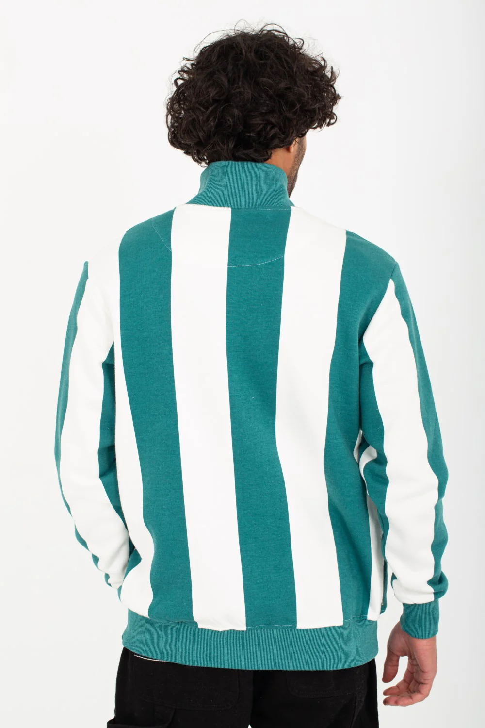Men's High Neck Padded With Unqiue Modern Half Zipper Striped Sweatshirt - Image 2