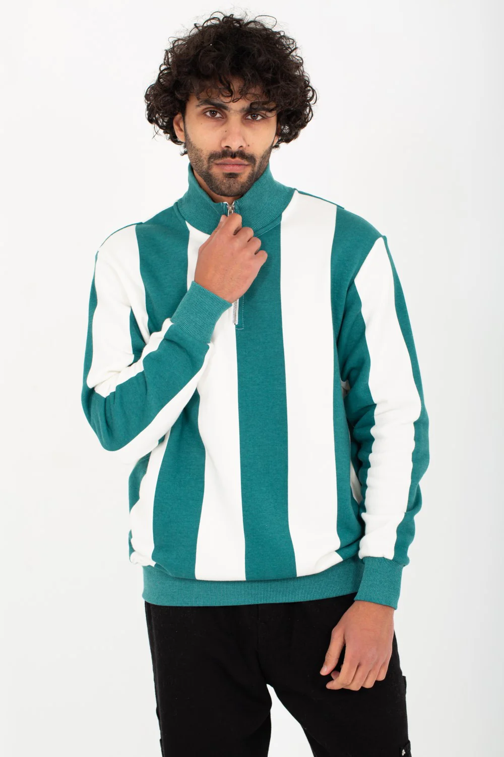 Men's High Neck Padded With Unqiue Modern Half Zipper Striped Sweatshirt - Image 3
