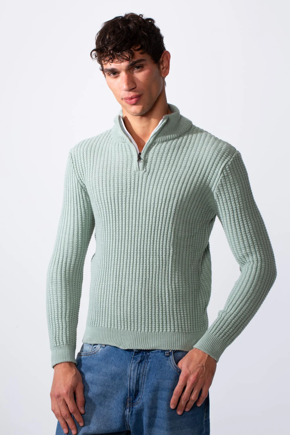 Men's High Neck Slim Fit Half Zipper Ribbed Pullover - Image 13