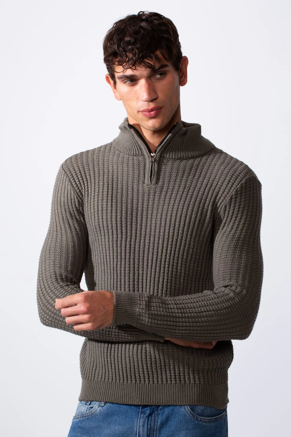 Men's High Neck Slim Fit Half Zipper Ribbed Pullover - Image 17