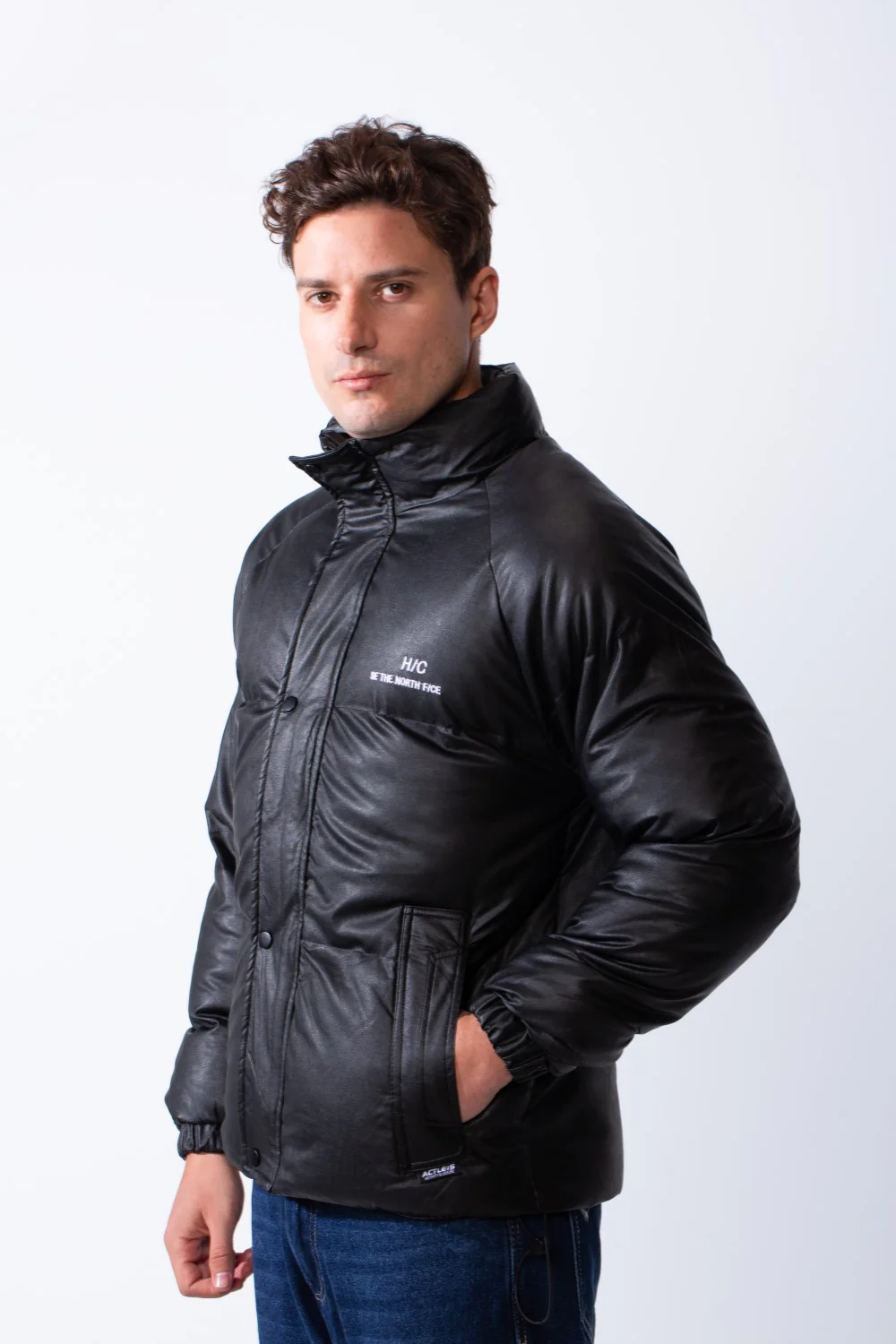 Men's High Stand Collar Full Front Zipper With Snap Buttons Side Pockets Small Chest Logo Detail Puffer Thermal Leather Pox Fit Jacket - Image 8