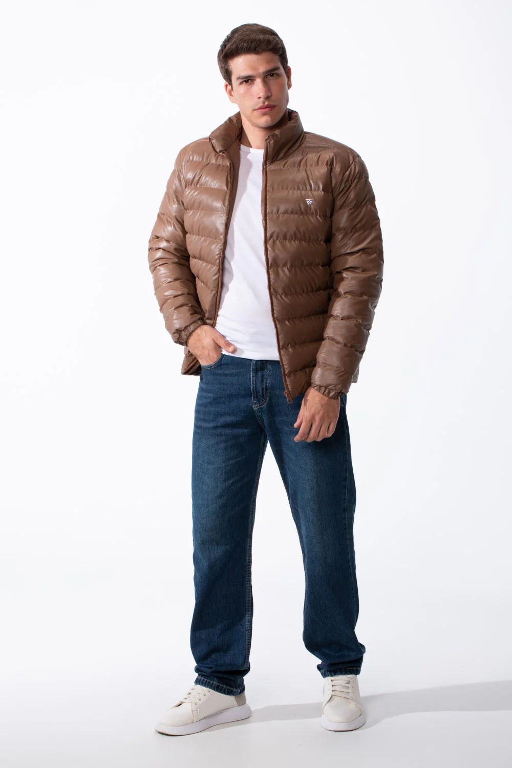 Men's High Stand-Up Collar Detailed With Contrasting Black Full Length Zipper Elasticated Cuffs Two Side Entry Pockets Puffer Jacket - Image 11